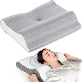 Шийна подушка Ельвіро від болю в шиї, контурна подушка з ефектом пам'яті 2 в 1, ергономічна ортопедична тяга для полегшення болю в плечі, 56x11 / 9x43 см, сірий