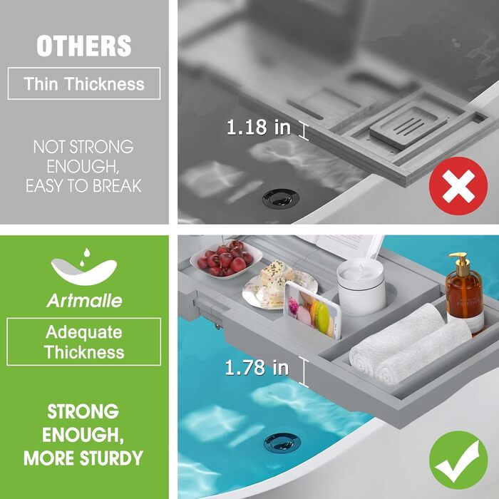 Підставка для ванни Artmalle, складана бамбукова підставка для ванни з тримачем для книги та келиха, безкоштовна мильниця, для розслаблення та читання, натуральний бамбук (сірий, складна)