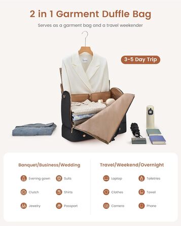 LOVEVOOK Складаний дорожній саквояж для жінок, 2-в-1, з сумкою для взуття, водонепроникний, для ручної поклажі, 53L, чорний