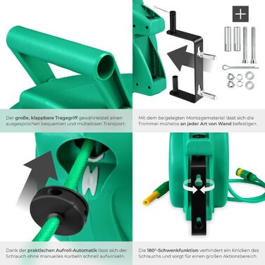 Шланговий барабан Tectake® для стіни, 1/2 дюйма, 10 м, з автозмотуванням. Шланг садовий, котушка для шланга, барабан для поливу, розпилювач.