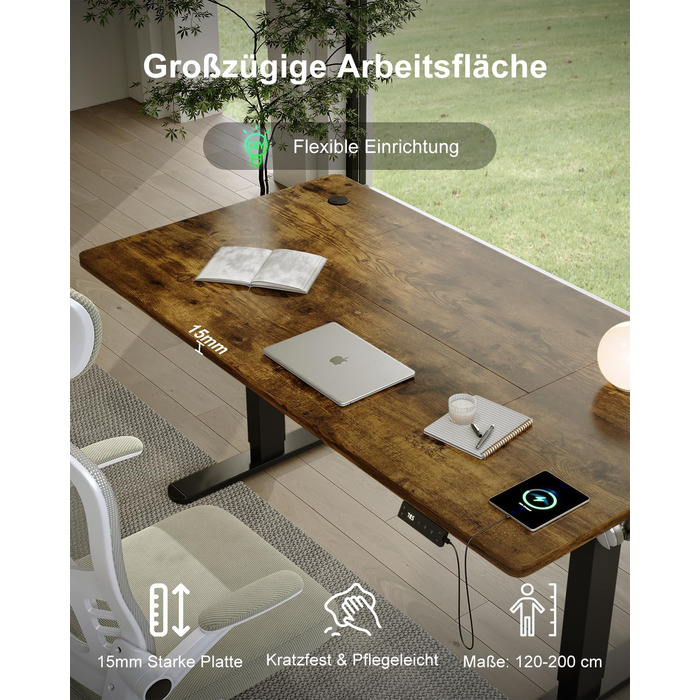 Регульований стіл Devoko 200x80 см з USB-C, електричний, мобільний, з органайзером для кабелів, білий/вінтажний коричневий