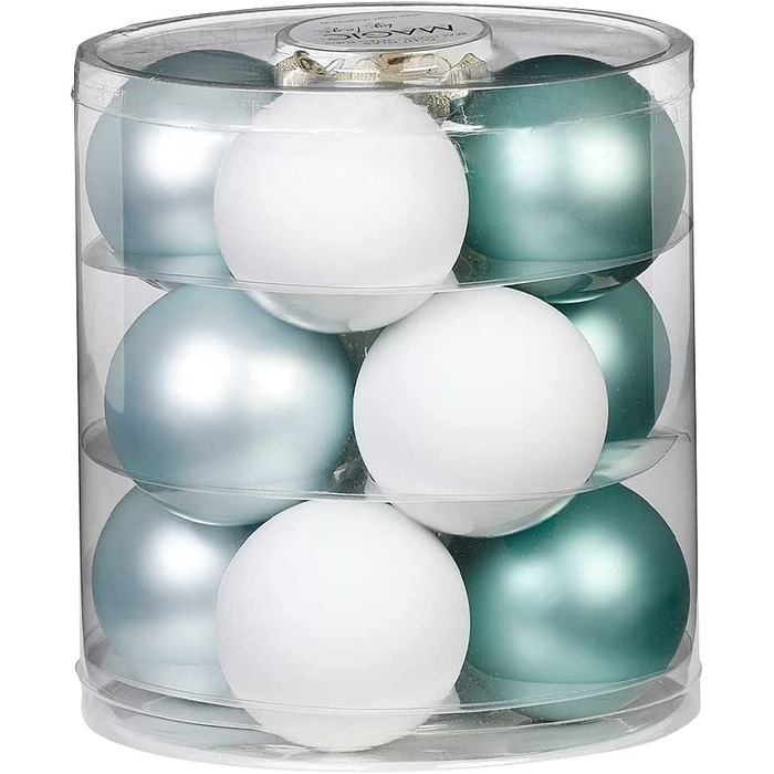 Чарівні ялинкові кулі скляні 8 см 12 шт. ялинкові кулі колір просто білий-суміш (білий) (Скандинавська подорож (Світло-блакитний білий ))