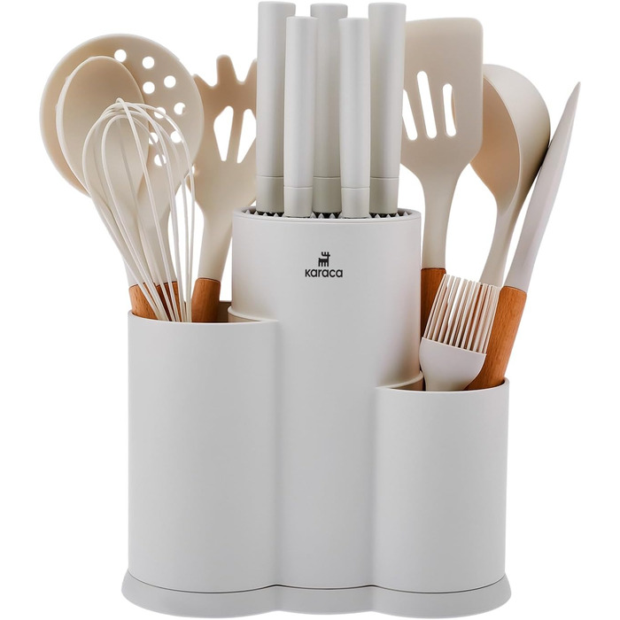 Набір ножів Karaca Gusto 12 шт. з дощечкою та кухонними аксесуарами. Ножі з нержавіючої сталі, ергономічні ручки. Колір: кремовий