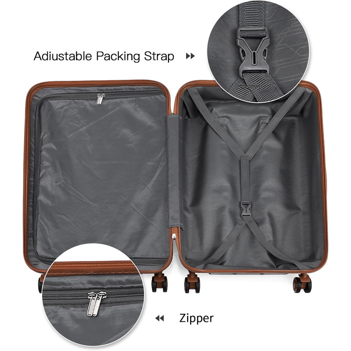 Набір валіз KONO з 2-х частин ABS з твердим корпусом на візку TSA з замком 55 см косметичка для ручної поклажі (сіра/коричнева, 4 шт.)