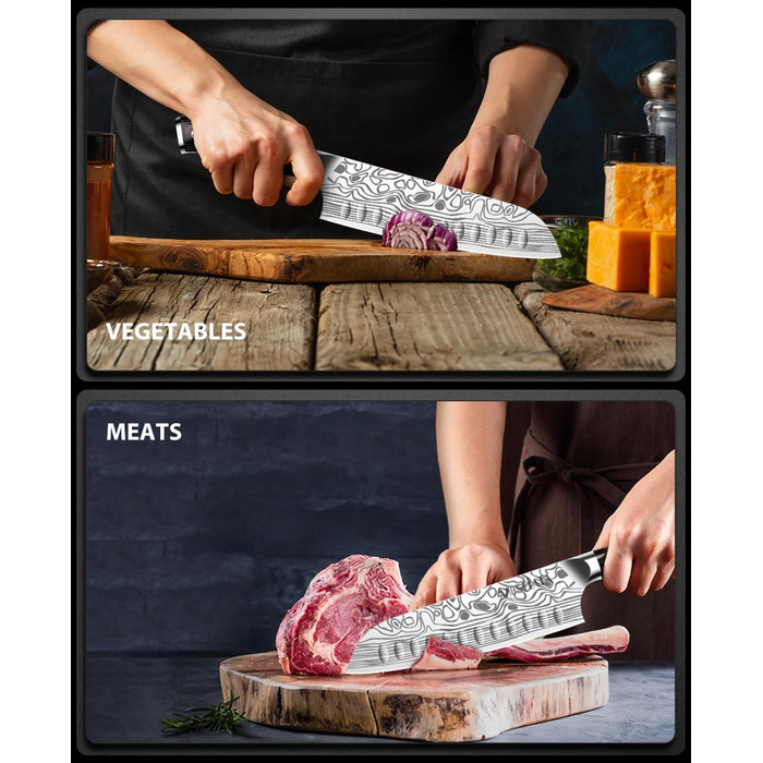Ніж кухарський MOSFiATA Santoku, професійний ніж для кухні, універсальний ніж з нержавіючої сталі, дуже гостре лезо, з подарунковою коробкою 7