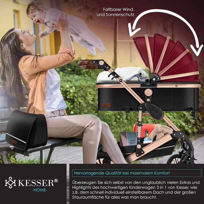 KESSER® Loops - Коляска 3в1 Комбінована з люлькою, прогулянковим блоком та автокріслом. Повний комплект з ванною для новонароджених, сумкою для пеленання, дощовиком та столиком. Чорний колір. Відповідає стандарту ECE R129.