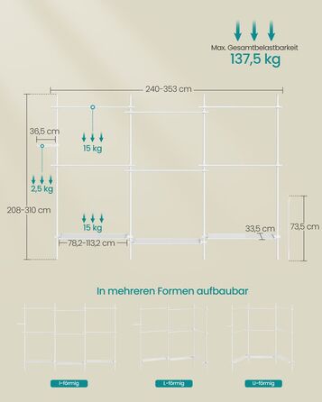 Вішалка для одягу Стеля Висока - Матовий Білий / 2 ряди (162L~238L) см