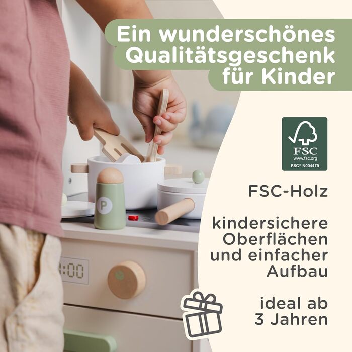 Дерев'яна дитяча кухня Nene Toys – іграшковий кухонний набір з підсвіткою та звуком, мийка, кран, мікрохвильова піч, духовка, полиці, гачки + аксесуари – іграшка Монтессорі від 3 років – подарунок для дівчаток та хлопчиків