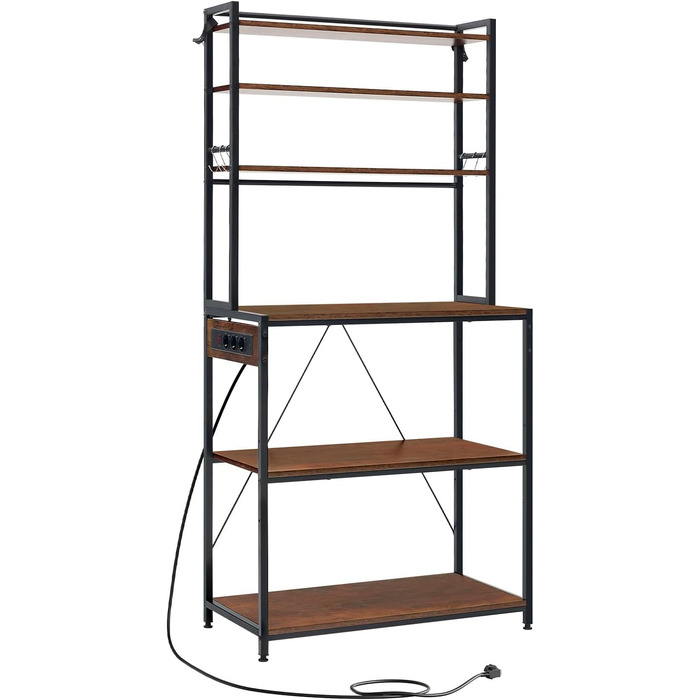Кухонна полиця WOLTU з 6 ярусами, з розетками, для мікрохвильовки, з металевим каркасом, регульовані полиці, чорний+рустичний коричневий, 60 x 167 x 40 см (чорний+вінтажний коричневий, 80 x 39,5 x 167 см)