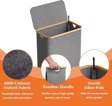 Кошик для білизни з кришкою 70л, вузький, з бамбуковими ручками та внутрішньою кишенею, складний, портативний, для пральні, йоги, темно-сірий 70л