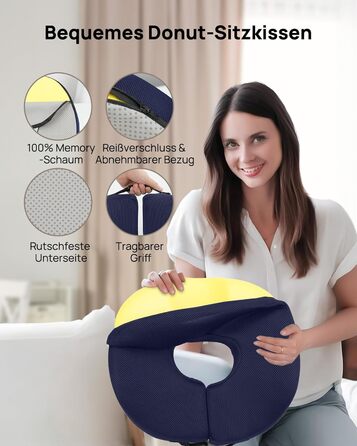 Ортопедична подушка-кільце Feagar: ергономічний сидіння-пончик для копчика, геморой та ішіасу, посилена (90-140 кг), темно-синя