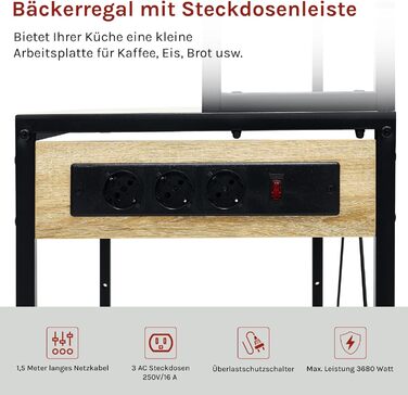 Кухонна полиця WOLTU з 6 ярусами, з розетками, для мікрохвильової печі, з металевим каркасом, регульовані полиці, Чорний+Рустикальний коричневий, 60 x 167 x 40 см