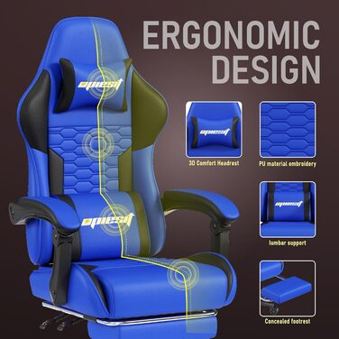 Ігровий крісло з підніжкою, регульованими підлокітниками та підтримкою попереку, ергономічне для дорослих, велике, високе, блакитне