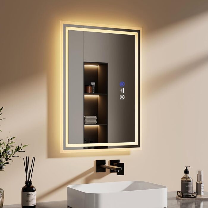 Дзеркало для ванної кімнати EMKE з підсвічуванням 80x60 см, LED, з датчиком руху, сенсорне, проти запотівання, 3 кольори світла, регулювання яскравості, автоматичне вимкнення на 1 годину, IP44, енергозберігаюче