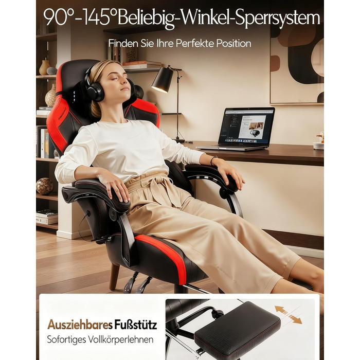 Ігровий крісло Dowinx з масажем, ергономічний дизайн, підтримка попереку та шиї, до 135 кг, шкіра, чорний (червоний)