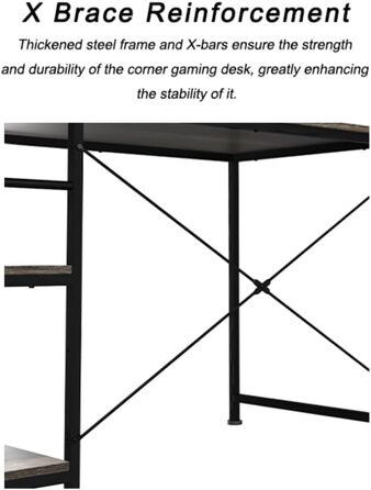 Ігровий кутовий стіл L-подібної форми з LED-підсвічуванням та розетками, 140x140 см, реверсивний комп'ютерний стіл з підставкою для монітора, 4 полиці та бічні кишені для дому та офісу (Чорний, 140x140x74 см)