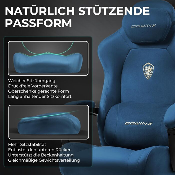 Ігровий крісло Dowinx з масажем попереку, регульованою підголівником, потовщеним сидінням, висувною підніжкою, регульованими підлокітниками, мікрофіброю велюром, нахилом 160°, блакитний колір