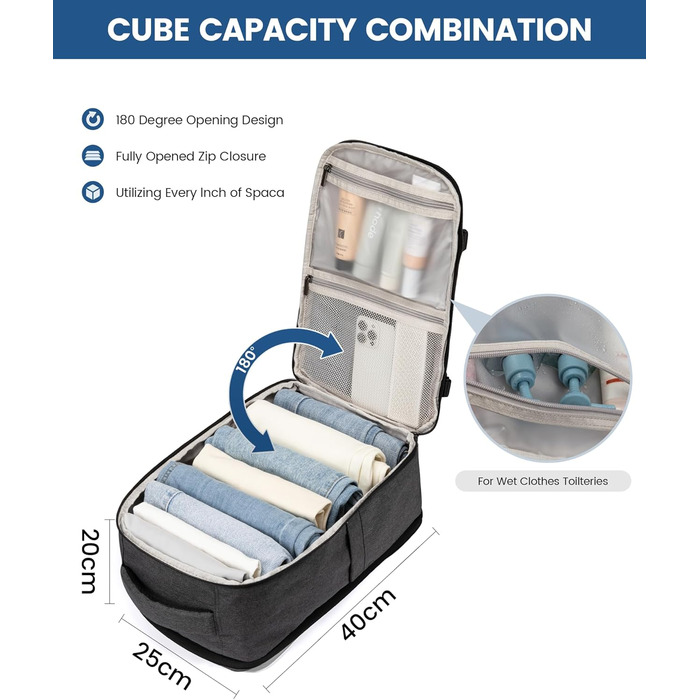 Рюкзак LOVEVOOK для ручної поклажі (40x20x25 см) - 20L, для ноутбука 14 дюймів, чорно-сірий, з відділенням для мокрого та сухого