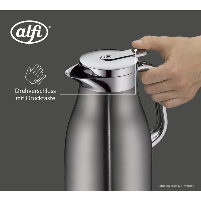 Термос Alfi SKYLINE 650ml Cool Grey Mat з нержавіючої сталі з скляним вкладишем, з кришкою-поворотом та зручною кнопкою, ергономічна ручка, для кави, 650 мл