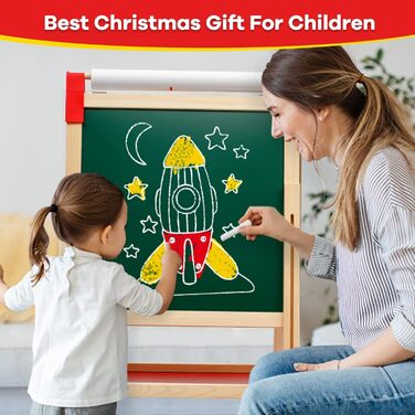 Дитяча мольберт Kinder Staffelei 3 в 1: дерев'яна дошка з рулоном паперу, двостороння, регульована висота 68-114 см. Комплектація: аксесуари для малювання. Підходить для дітей 3-12 років.