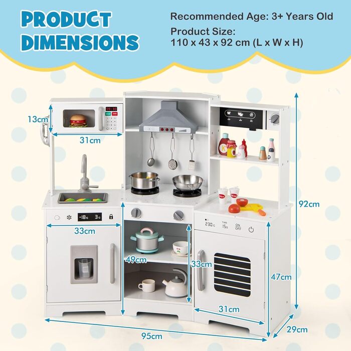 Дерев'яна дитяча кухня Dreamade з аксесуарами, кухонний куточок для дітей з плитою, раковиною, мікрохвильовою піччю, кавоваркою, духовкою, світлом та звуком (білий)