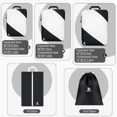 Набір компресійних органайзерів для одягу AiQInu, 5 шт, дорожні сумки-пакувальники з мішком для взуття та білизни, ультралегкі розширювані органайзери для валізи та ручної поклажі (Чорний)