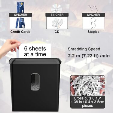 Шредер SINCHEREU 6 листів, перехресний різання, рівень безпеки P4, з кошиком 11л, для документів, кредитних карт, CD, з захистом від перегріву, для дому та офісу