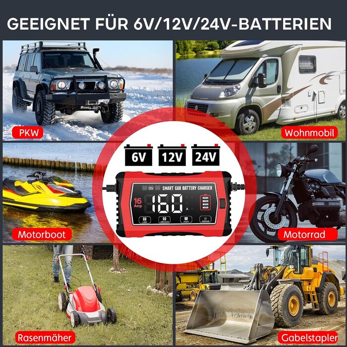 Зарядний пристрій для акумулятора 12V/24V Haisito: Швидка зарядка AGM, Gel, MF, EFB, SLA, VRLA (16A)