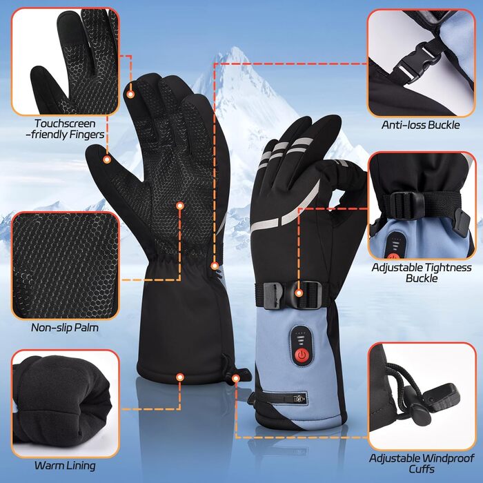 Обогревні рукавички Youtelit для жінок та чоловіків, 7.4V, 6400mAh, акумуляторні, 3 режими нагріву, водонепроникні, сенсорні, для мото, гірськолижного спорту, альпінізму, туризму, універсальний розмір