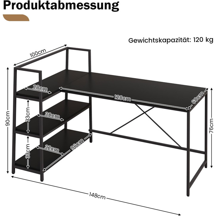 Письмовий стіл з полицями, Комп'ютерний стіл Г-подібний, Кутовий стіл, Офісний стіл, Стіл для ПК Дерево, Робочий стіл Металевий каркас, Для Домашнього Офісу, Офісу, Кабінету, 148x100x90 см (Чорний)