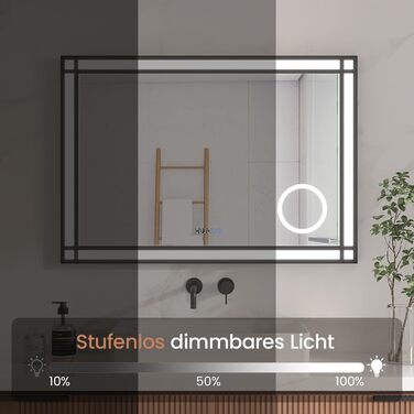 LED дзеркало для ванної кімнати AQUABATOS 50x70 см з підсвічуванням, ефект вікна, сенсорне керування, регулювання яскравості, антизапотівальне покриття, чорний алюмінієвий каркас, індустріальний стиль, годинник, дзеркало для макіяжу