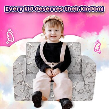 Дитяче диван-ліжко BEJOY 2 в 1 з розкладним механізмом, м'яке крісло, дитячий диван з Sherpa тканини, сірий з динозаврами, ідеальний подарунок для дівчаток та хлопчиків