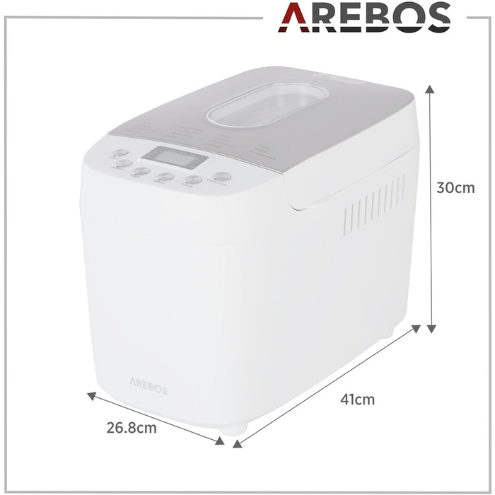 Хлібопечка Arebos 1500г з 15 програмами, таймером та LCD дисплеєм | 850 Вт | Білий