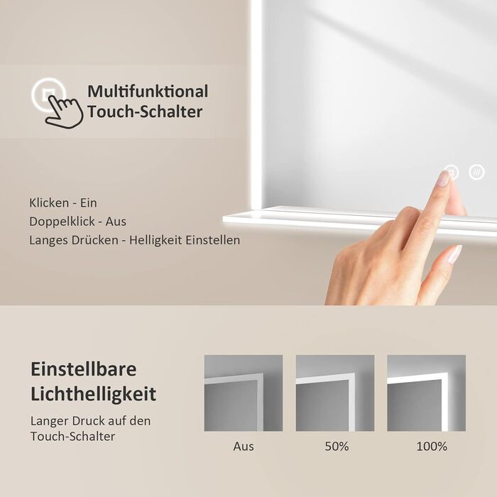 Дзеркало для ванної кімнати EMKE з підсвічуванням 80x60 см, з полицею, антизапар, регульоване холодне біле світло 6500K, сенсорне управління, функція пам'яті, прямокутне дзеркало для ванної кімнати (з полицею) 80Ш x 60В см