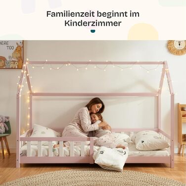 Дитяче ліжко en.casa Hesel для дітей, рожеве, 90x200 см, з бортиками та ламелями, Montessori, дерев'яне, Hausbett