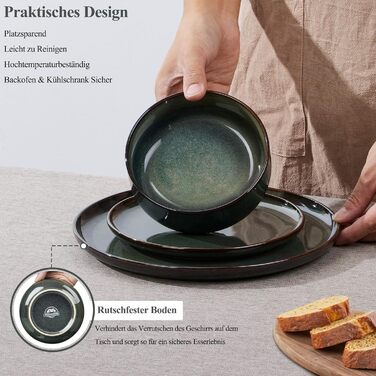 Набір посуду Joyfair на 6 осіб (18 предметів), кераміка, темно-зелений, для мікрохвильовки та посудомийної машини. Елегантний гладкий дизайн.