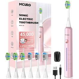 Електрична звукова зубна щітка, 5 режимів, рожева, з таймером та 6 насадками DuPont