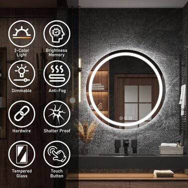 Дзеркало для ванної кімнати з підсвічуванням, 60 см, кругле, з антизапарюючим покриттям, диммер, 3 кольори світла, 60x60 см