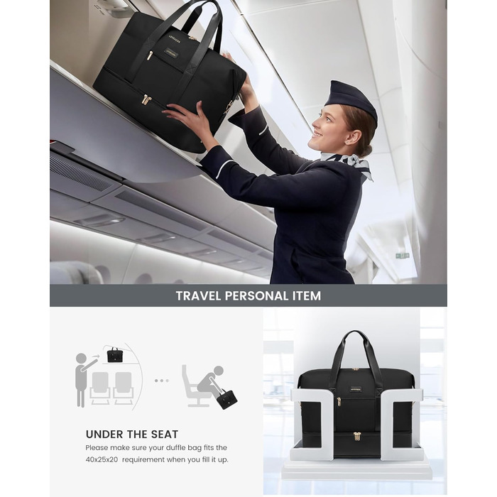 Спортивна сумка LOVEVOOK для жінок, дорожня сумка-валіза, дорожня сумка-мішок, сумка для подорожей, сумка для ручної поклажі в літак, сумка для пологового будинку, сумка для одягу з відділенням для взуття, косметичка, бежево-коричнево-чорна (чорна, 40x20x
