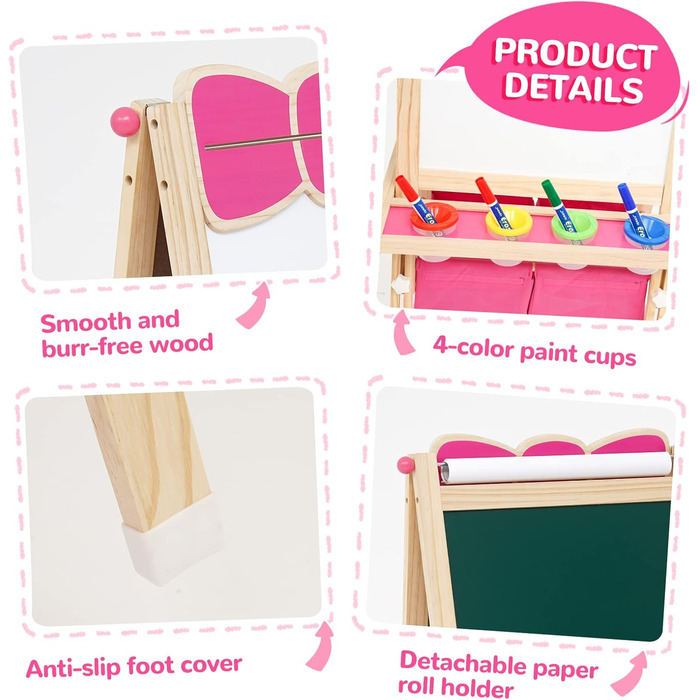 Дерев'яна мольберт Kinder Tafel з паперовою рулонкою, регульована висота, рожевий колір, двосторонній (whiteboard та дошка)