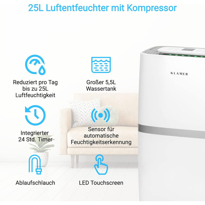 Електричний осушувач повітря KLAMER 25L, 195 м³/год, 420W - потужний осушувач для дому