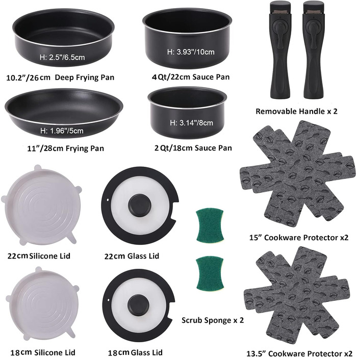 Набір каструль і сковорідок CWFUN з 16 предметів зі знімною ручкою для всіх плит, набір посуду для кемпінгу, в тому числі для індукційних плит