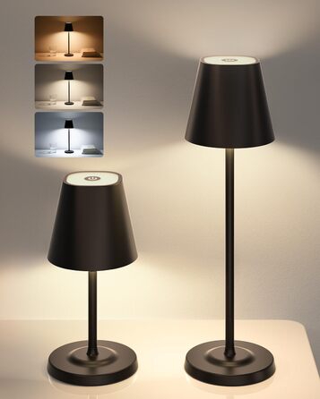 LED лампа настільна бездротова GOODEA з регулюванням висоти, 5500mAh, 3 кольори, диммування, вологостійка, з сенсорним керуванням, алюміній, для вітальні, спальні, тераси, чорна, набір 2 шт.