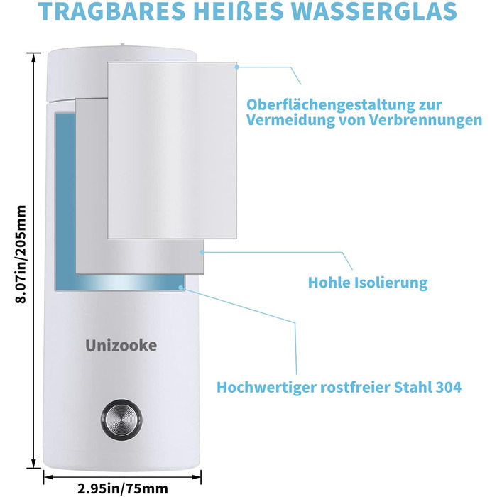 Портативна міні-нагрівальна чашка Unizooke, 400 мл, дорожній електричний чайник 220 В, вакуум 300 Вт, для приготування молока, кави, води та чаю, білий білий