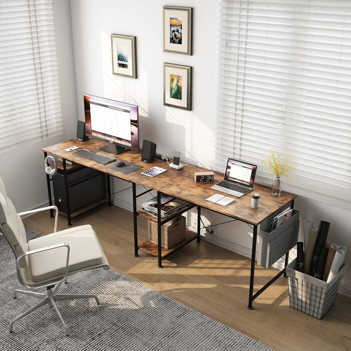 Ігровий кутовий стіл L-подібної форми з LED-підсвічуванням та розетками, 140x140 см, реверсивний комп'ютерний стіл з підставкою для монітора, 4 полиці та бічні кишені для дому та офісу (колір: коричневий, розміри: 140x140x74 см)