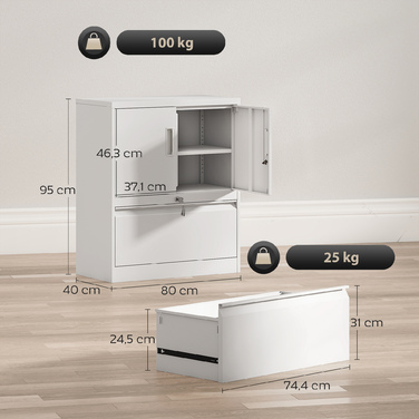 Шафа для документів, офісна шафа, замикаюча багатоцільова шафа зі сталі з 2 дверцятами, регульованими полицями, біла