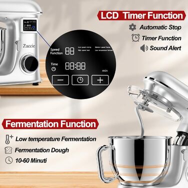 Кухонна машина 1500W 8L з 6 швидкостями, функцією ферментації та LCD-дисплеєм. Комплектується міксером, гаком для тіста та вінчиком (срібна)