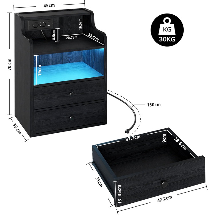 Нічний столик IRONCK з LED-підсвічуванням, розеткою та функцією зарядки, з ящиками, чорний