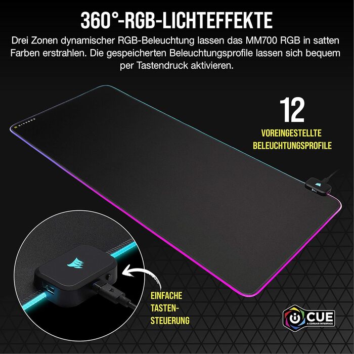 Килимок для миші Corsair MM700 RGB Extended - 930x400 мм - RGB підсвітка 360° - USB хаб - чорний