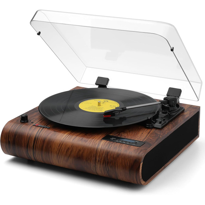Вініловий програвач VOSTERIO Bluetooth з вбудованими HiFi стерео динаміками, підтримкою 3 швидкостей (33/45/78 об/хв), функцією оцифрування вінілових платівок у MP3, FM-радіо, USB, TF, Aux-In, RCA, LED-дисплеєм